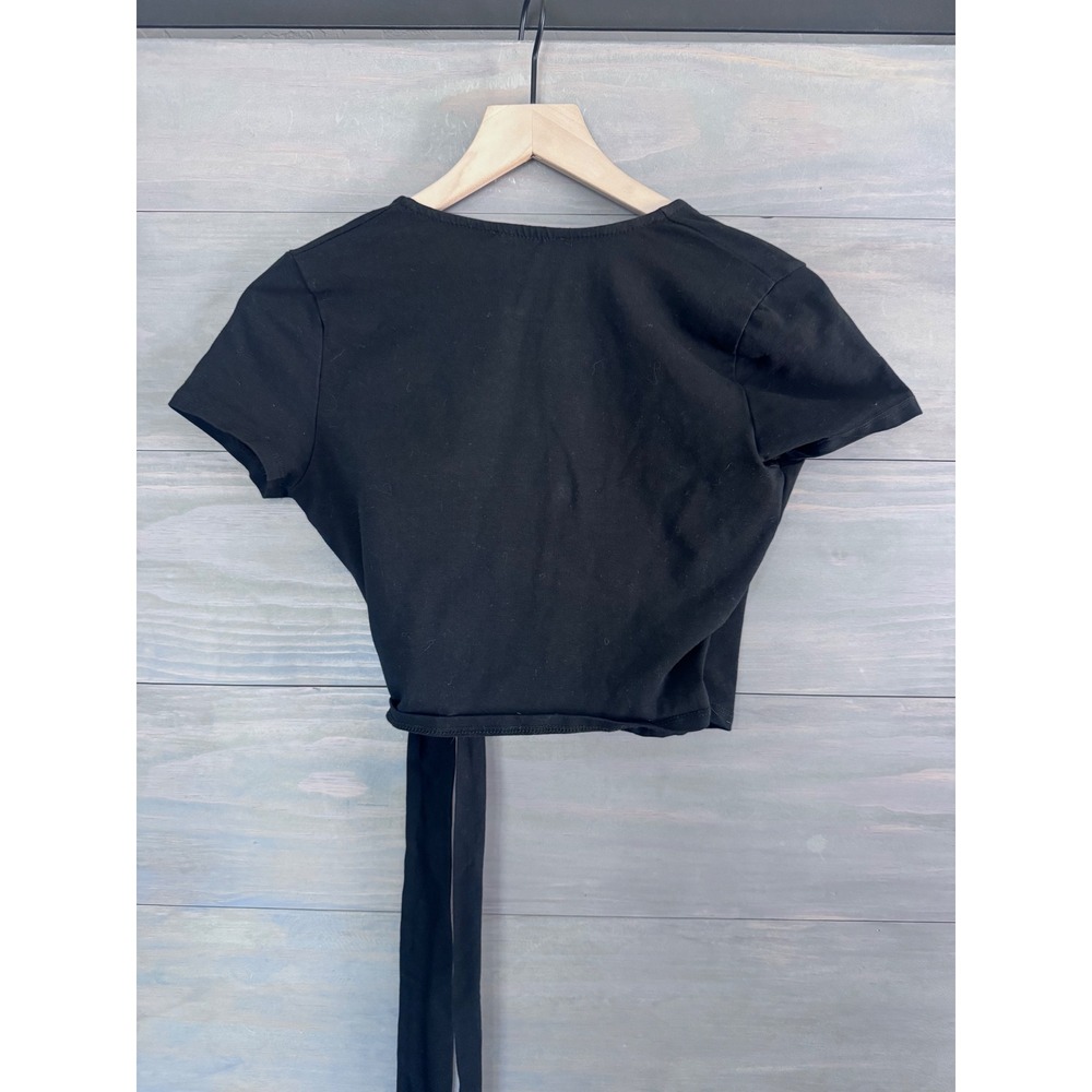 Sozy Elena Crop Top Black Wrap Side Tie Short Sleeve V-Neck Small - Picture 5 of 5